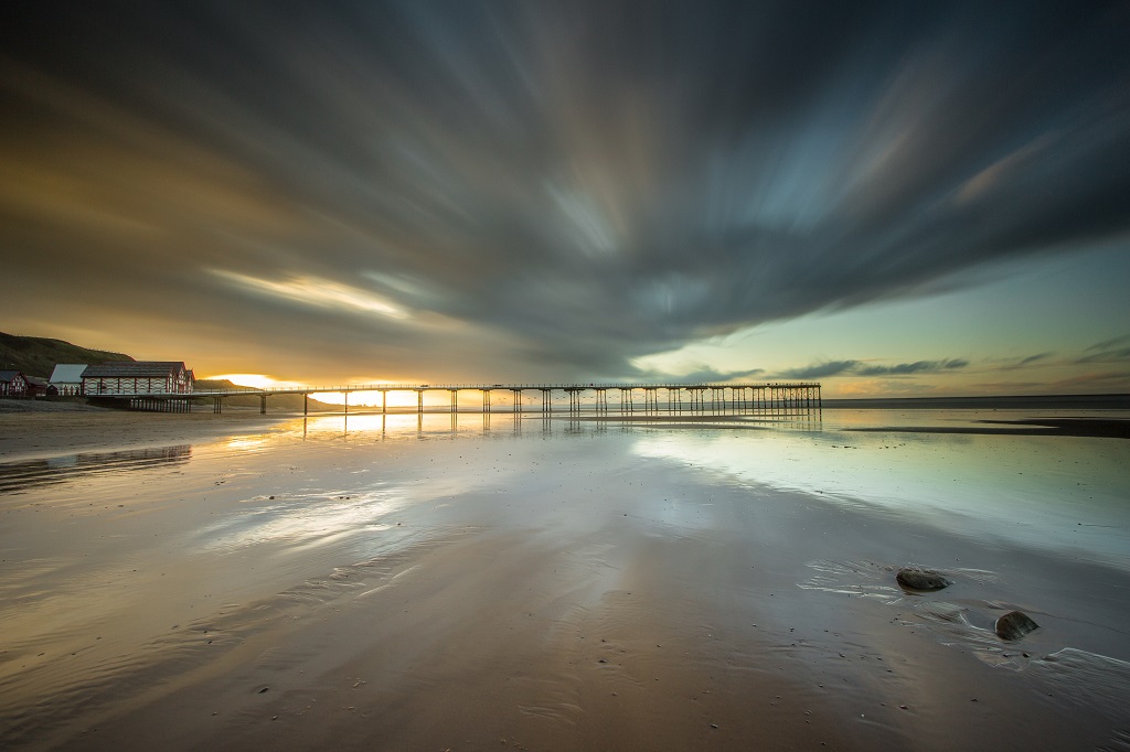 Saltburn Pier long exposure shot of the sunset.