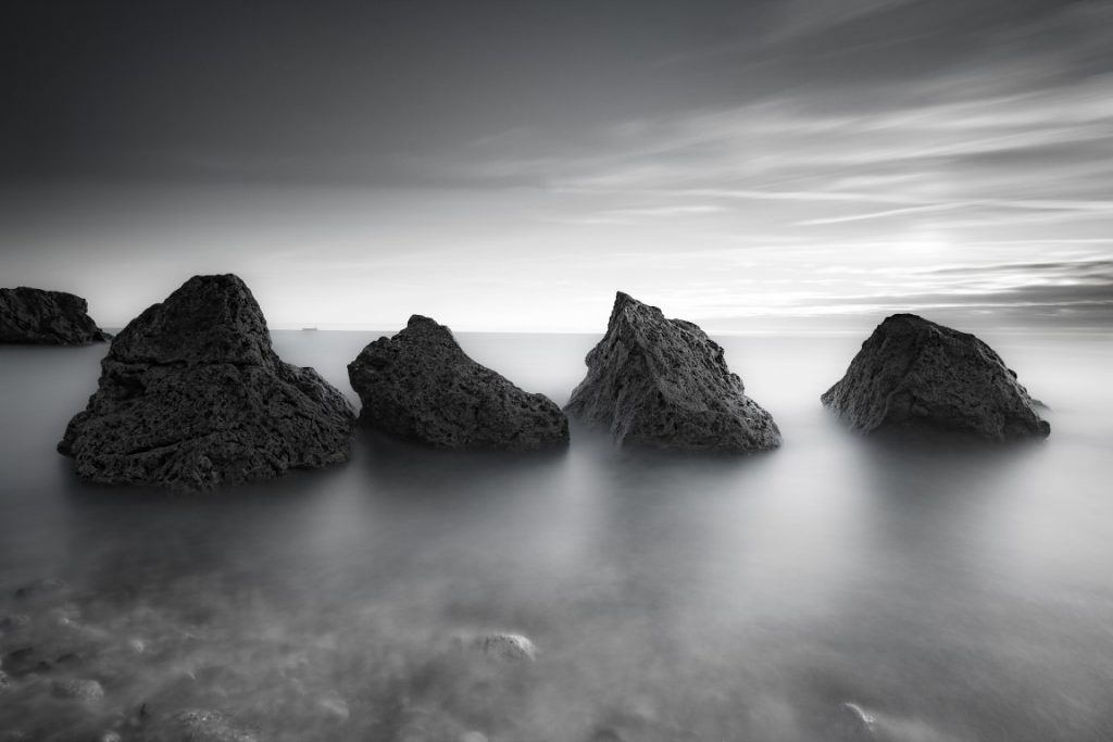 Long exposure seascape of the rocks at Trow Point, South Shields