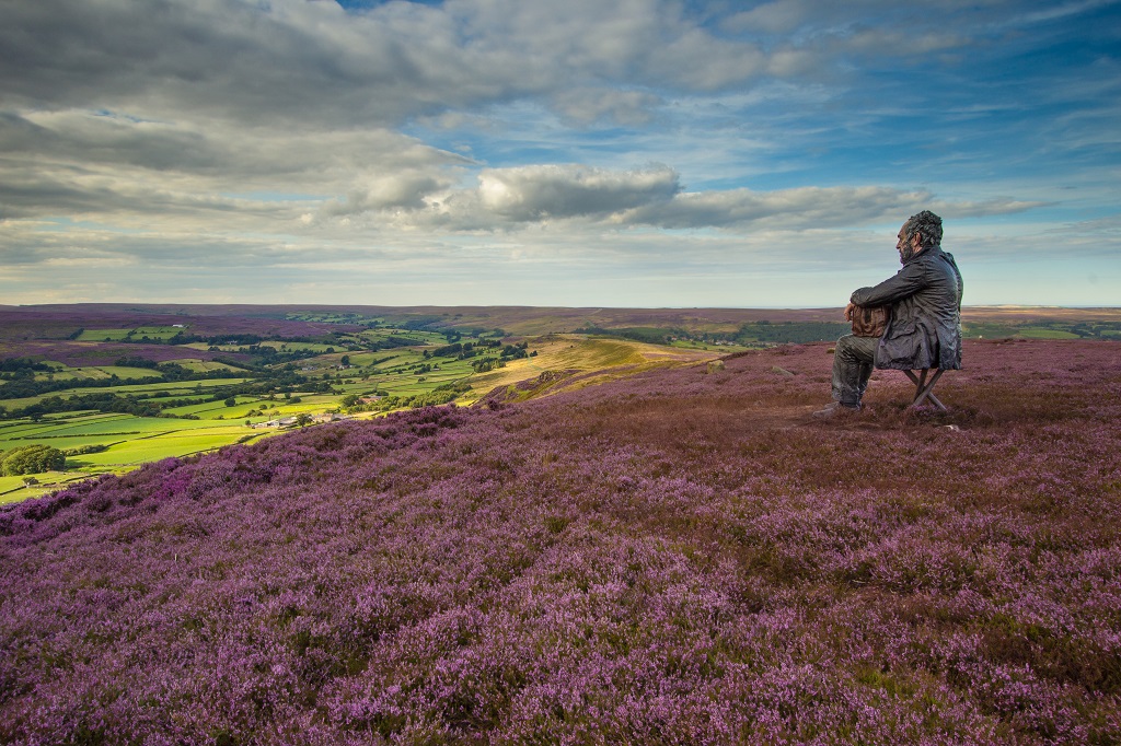 The Seated Man, Castleton Rigg. Looking out over the heather in Westerdale.